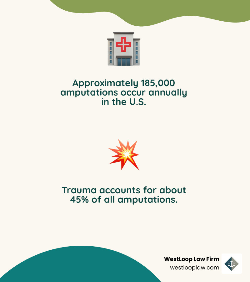 Infographic showing key amputation statistics in the U.S. and Texas, including the number of amputations per year and the percentage caused by trauma. - houston amputation injury lawyer infographic 2_facts_emoji_nature