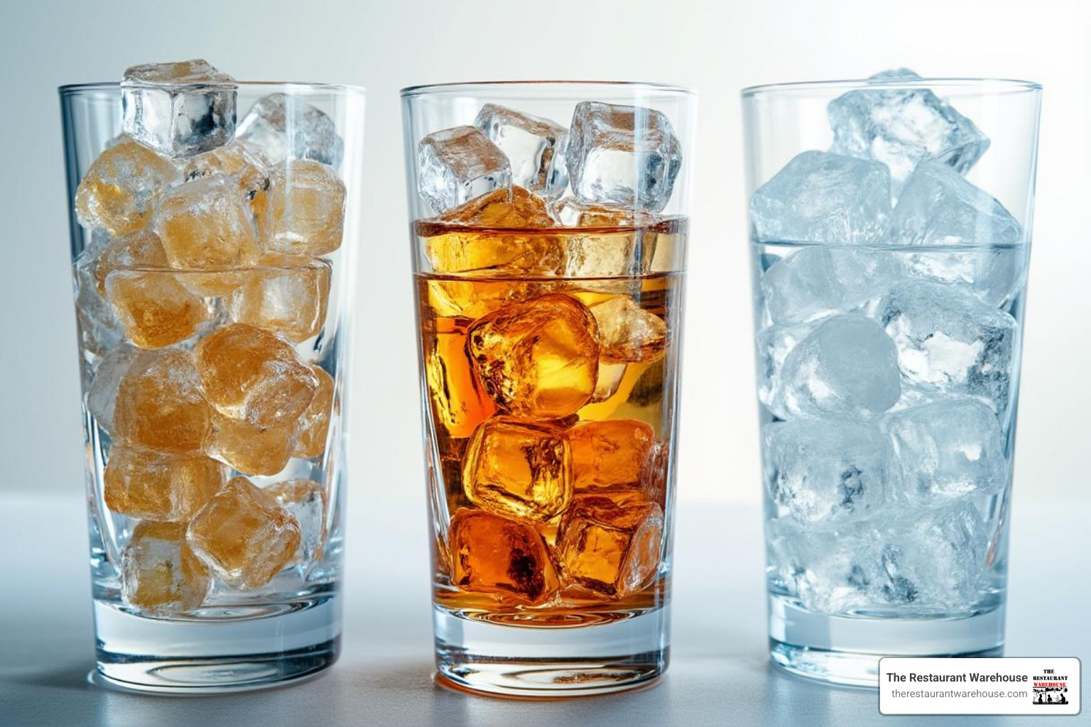 Three different glasses, one with nugget ice, one with bullet ice, and one with clear cube ice. - ice maker that keeps ice frozen