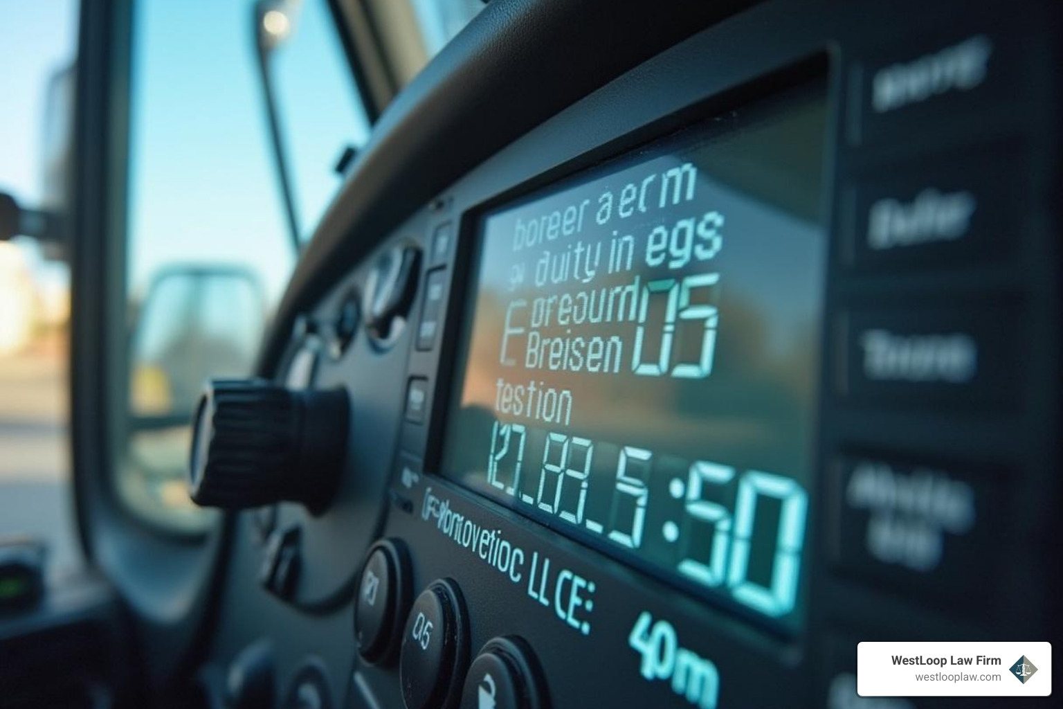 An image of a truck's electronic logging device (ELD) screen displaying driver hours and status. - trucking injury lawyer houston