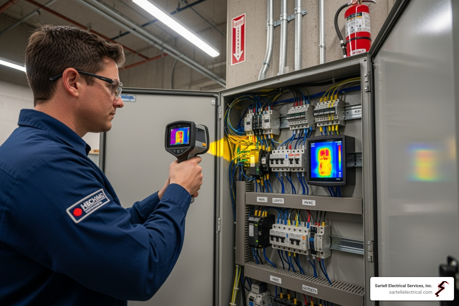 electrician performing a thermal imaging scan on a commercial panel - residential and commercial electrical services electrician performing a thermal imaging scan on a commercial panel - residential and commercial electrical services