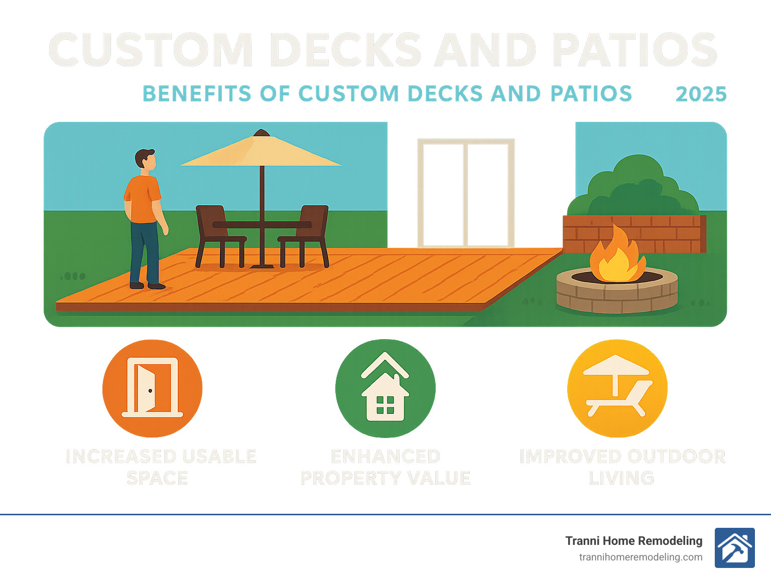 Infographic summarizing the benefits of custom decks and patios, including increased usable space, improved property value, and improved outdoor living quality - Custom decks and patios infographic Infographic summarizing the benefits of custom decks and patios, including increased usable space, improved property value, and improved outdoor living quality - Custom decks and patios infographic