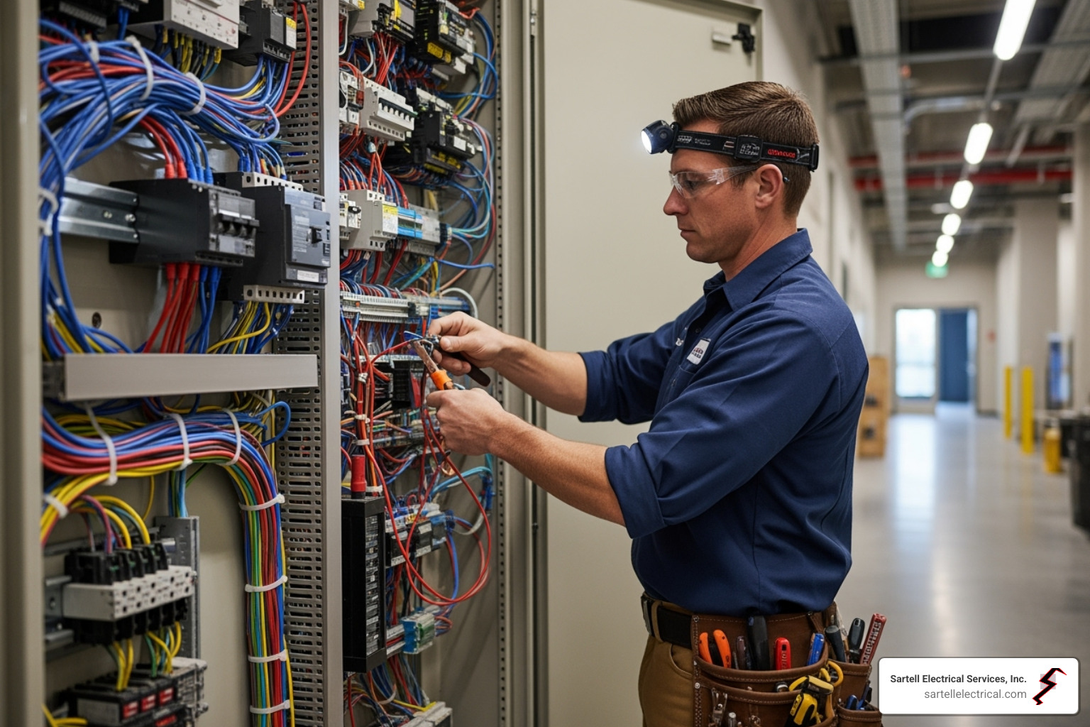 electrician working on a complex wiring project - residential and commercial electrical services electrician working on a complex wiring project - residential and commercial electrical services