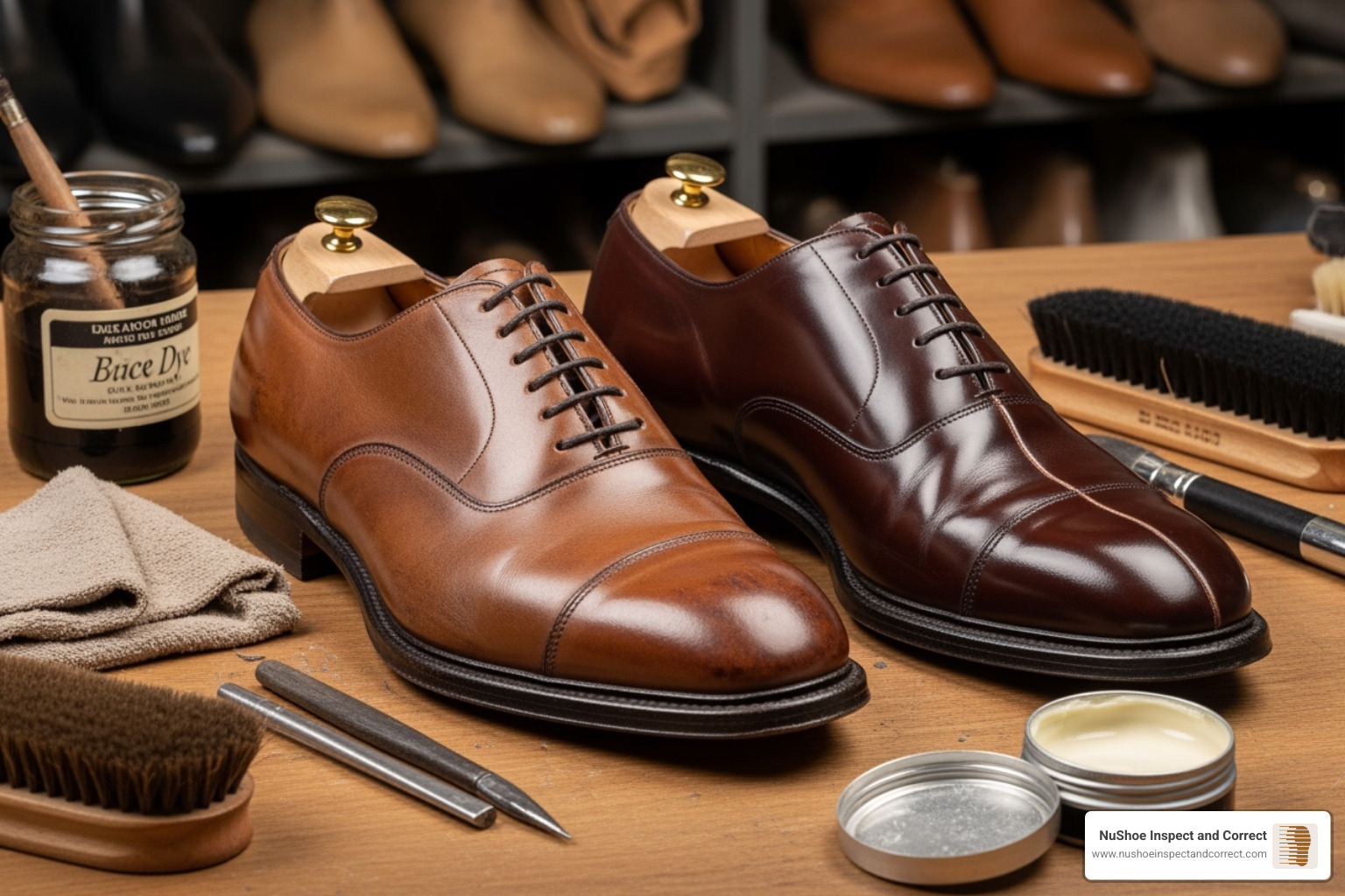well-organized shoe refinishing workstation with all the necessary tools and products laid out - upper refinishing