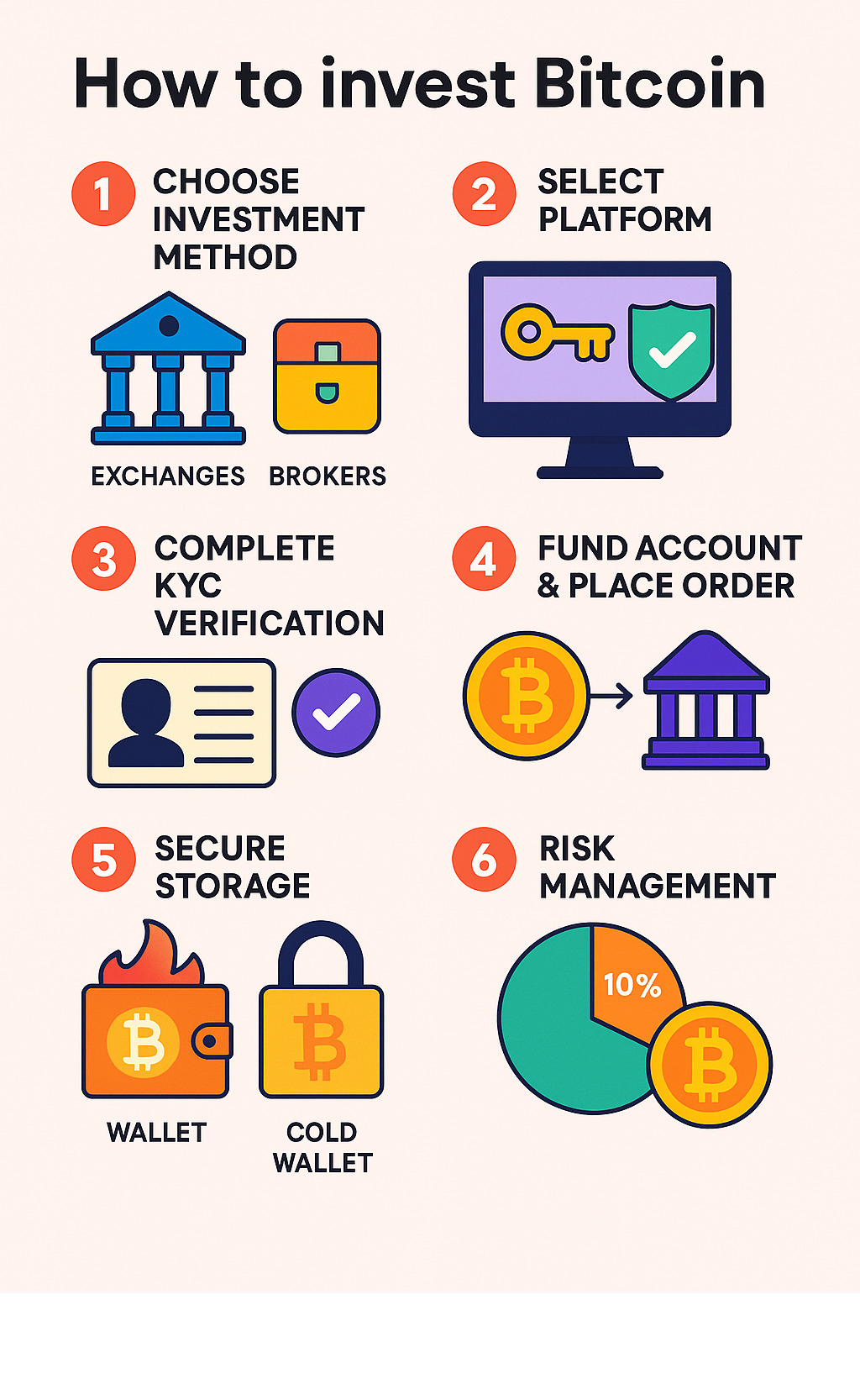 Step-by-step Bitcoin investment process infographic showing the 6 main steps: 1) Choose investment method with icons for exchanges and brokers, 2) Select platform with security badges, 3) Complete KYC verification with ID documents, 4) Fund account and place order with bank transfer icons, 5) Secure storage showing hot vs cold wallet options, 6) Risk management with portfolio allocation pie chart showing maximum 10% crypto allocation - how to invest bitcoin infographic 