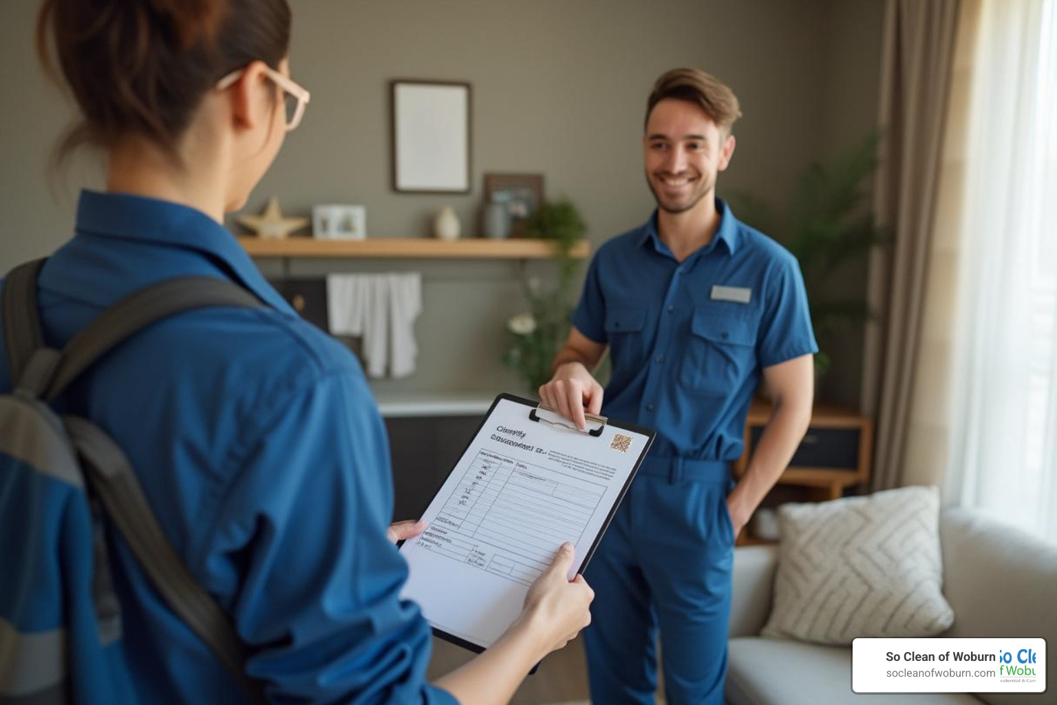 friendly technician providing clear, written estimate to homeowner - healthy home carpet cleaning reviews