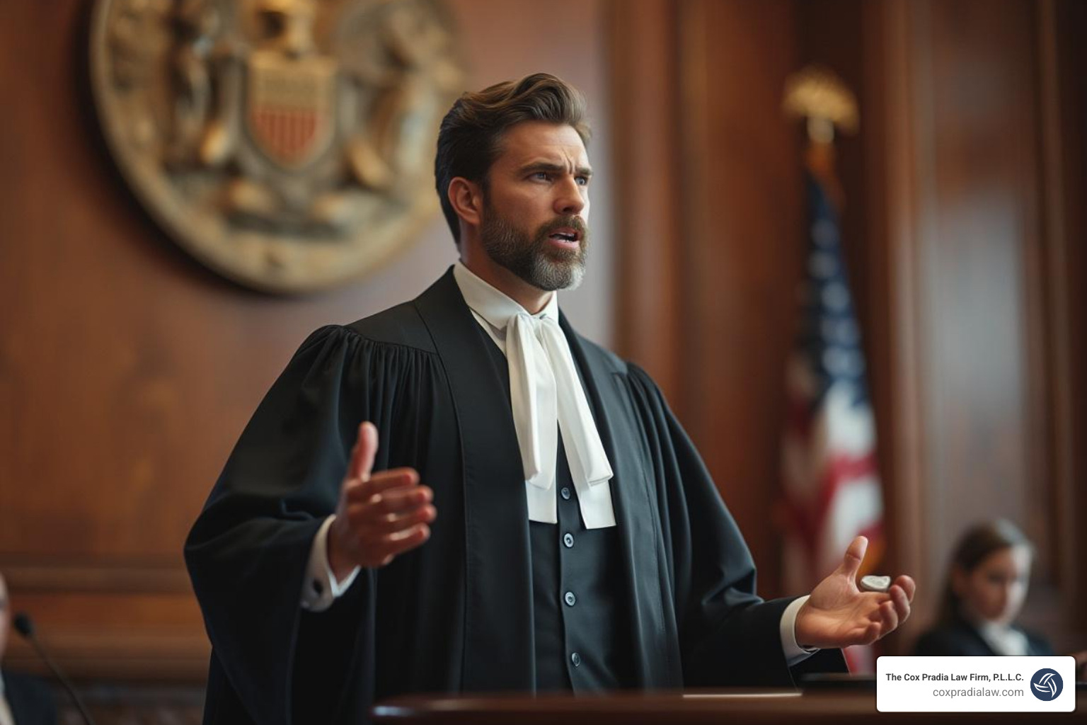 A lawyer confidently presenting a case in a courtroom - brain & spinal cord injury attorney houston