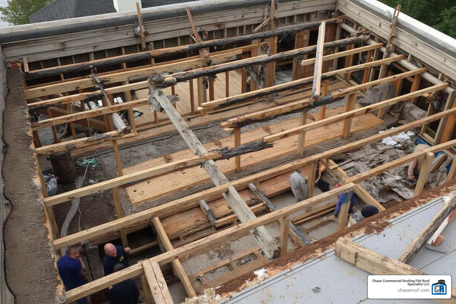 Rotted roof deck being torn off. - epdm flat roof ventilation