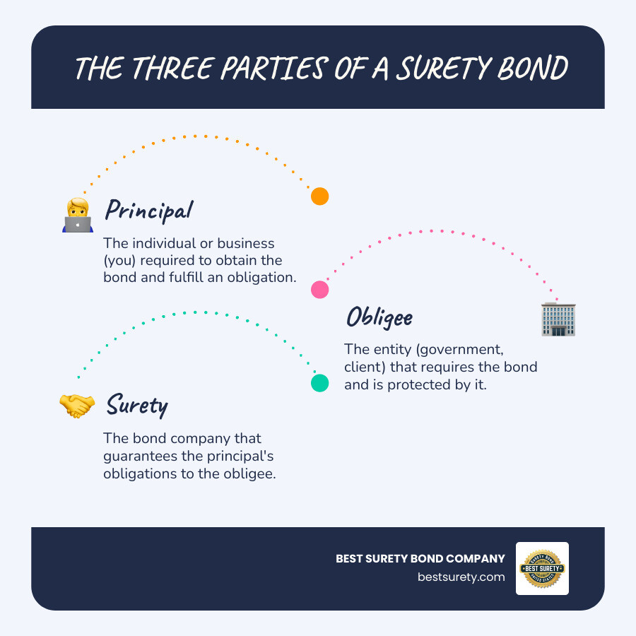 Infographic showing the three parties of a surety bond: Principal (business/individual needing the bond), Obligee (entity requiring the bond), and Surety (bond company guaranteeing the obligation). - surety bond san antonio infographic infographic-line-3-steps-blues-accent_colors