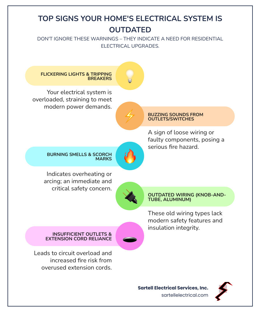 Infographic showing top signs your home's electrical system is outdated, including flickering lights, frequent circuit breaker trips, buzzing sounds from outlets, burnt odors or scorch marks, and the presence of outdated wiring like knob-and-tube or aluminum - Residential electrical upgrades infographic infographic-line-5-steps-colors Infographic showing top signs your home's electrical system is outdated, including flickering lights, frequent circuit breaker trips, buzzing sounds from outlets, burnt odors or scorch marks, and the presence of outdated wiring like knob-and-tube or aluminum - Residential electrical upgrades infographic infographic-line-5-steps-colors