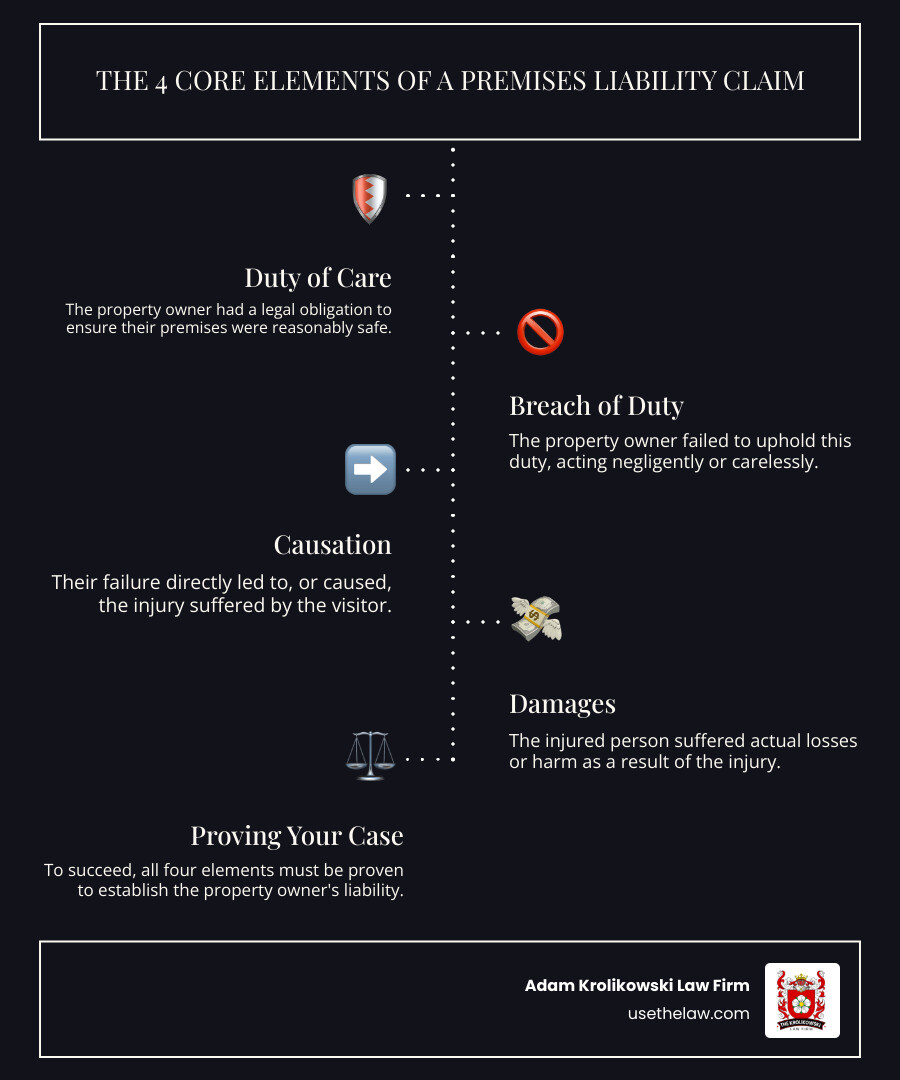 Infographic explaining the 4 core elements of a premises liability claim: Duty of Care (Property owner had a legal duty to keep the property safe), Breach of Duty (They failed to meet that duty), Causation (Their failure directly caused the injury), and Damages (The injured person suffered losses). - premises liability injury cases infographic infographic-line-5-steps-dark
