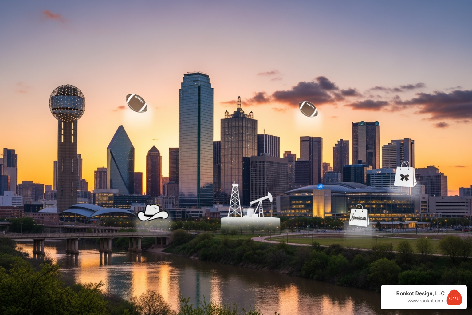 Dallas skyline with marketing icons overlay - Dallas direct mail printing Dallas skyline with marketing icons overlay - Dallas direct mail printing