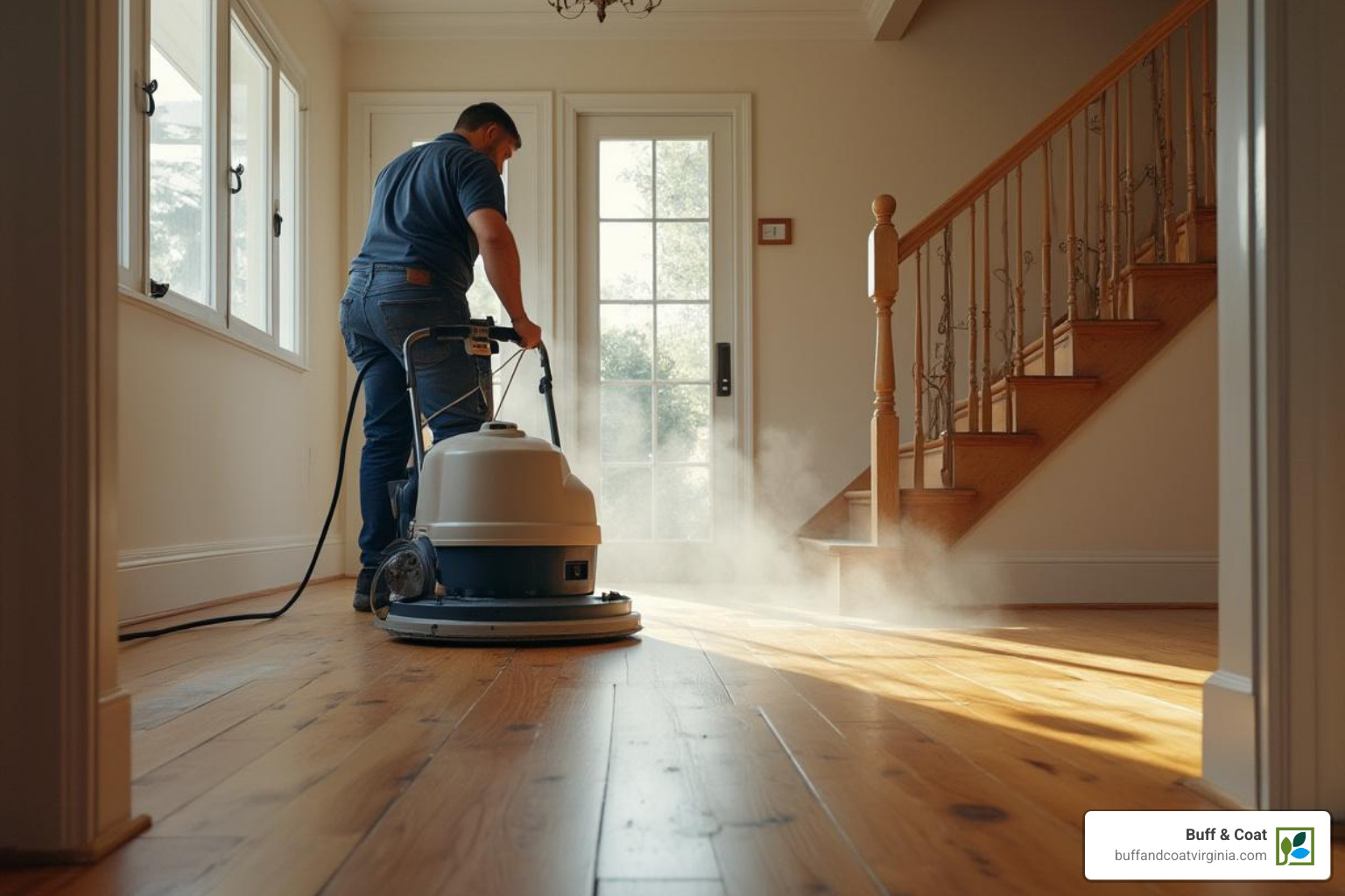 Professional performing a dustless floor sanding service - finished wood floor Professional performing a dustless floor sanding service - finished wood floor