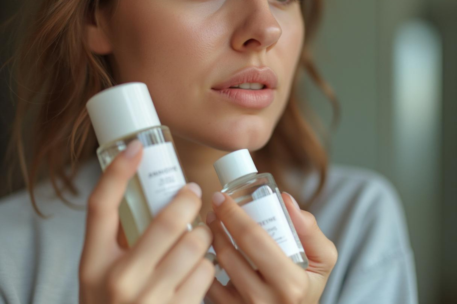Person thoughtfully reading the ingredient label on a skincare bottle. - clean beauty sensitive skin