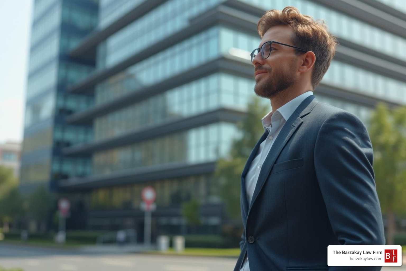 Image of a small business owner looking confident across from a large corporate building - business contingency lawyer