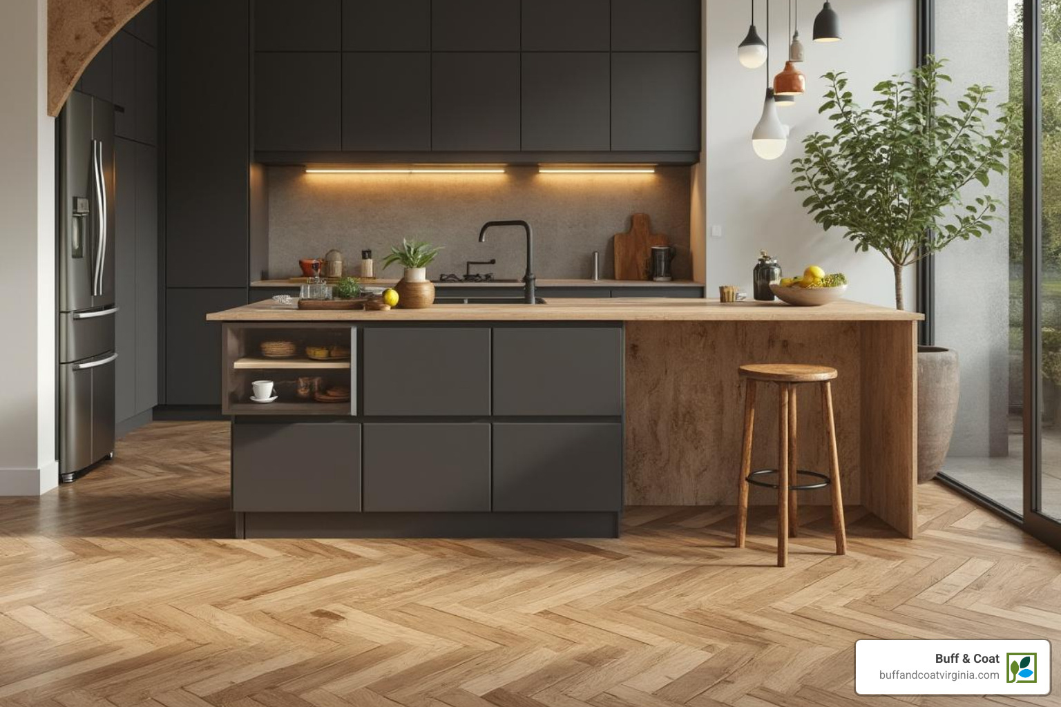 Modern kitchen with a herringbone patterned finished wood floor - finished wood floor Modern kitchen with a herringbone patterned finished wood floor - finished wood floor