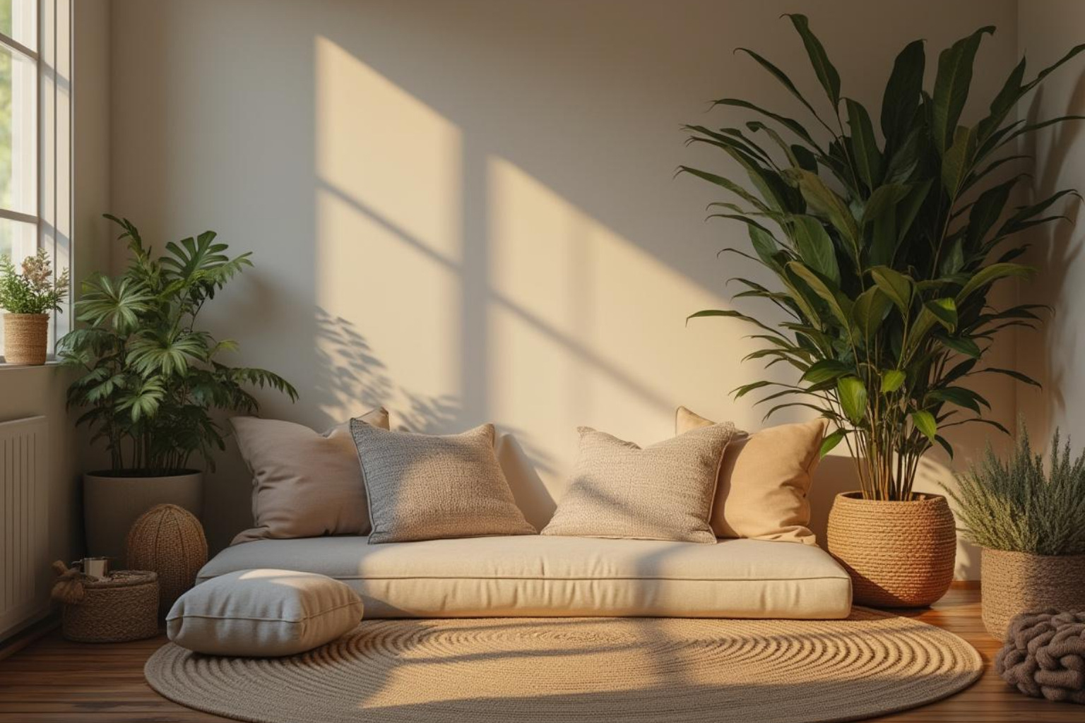 A cozy, inviting meditation corner at home, with soft lighting, cushions, and a few plants - Meditation for glowing skin