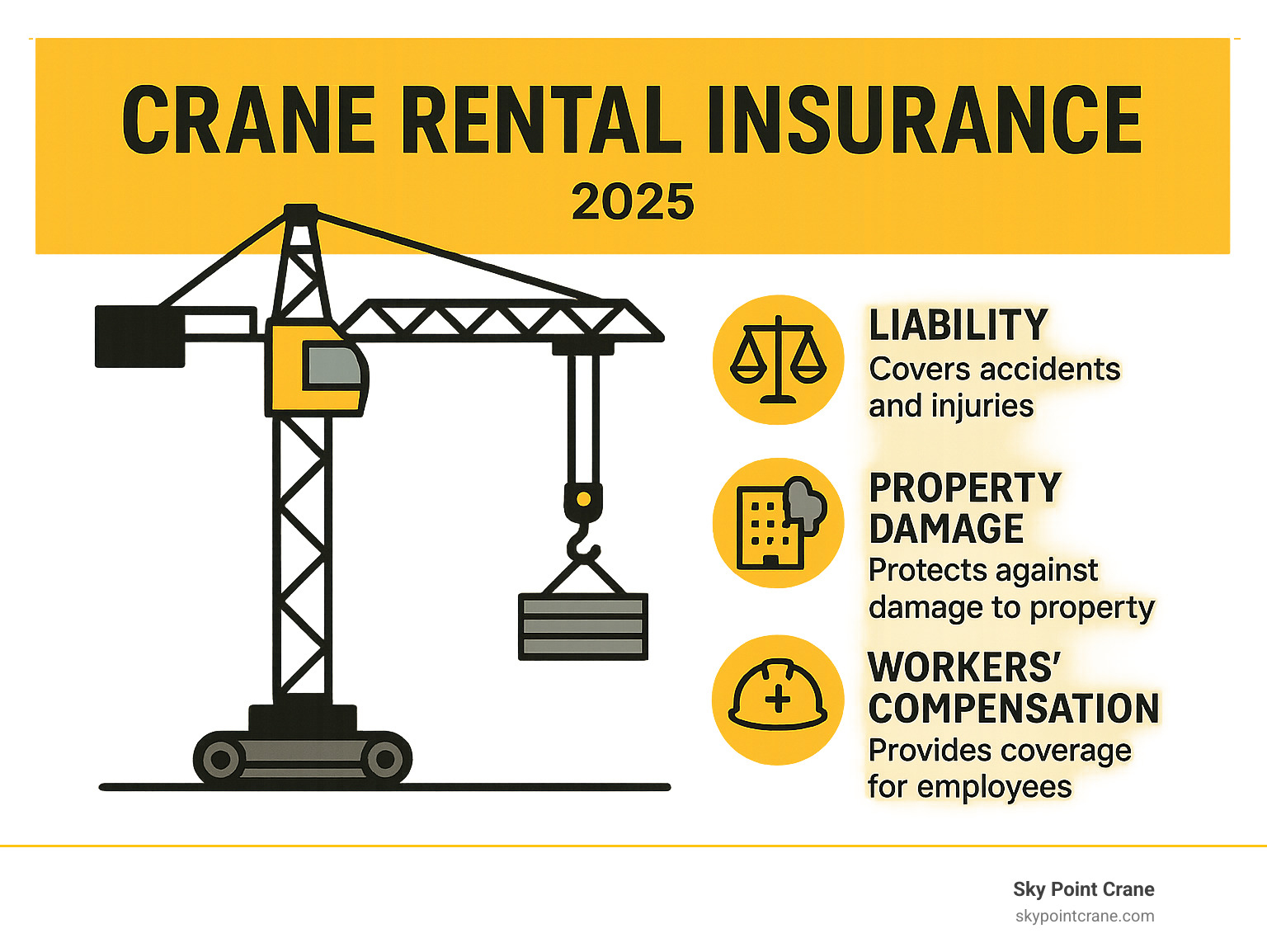 Infographic detailing key components of crane rental insurance, including liability, property damage, and worker's compensation - crane rental insurance infographic 