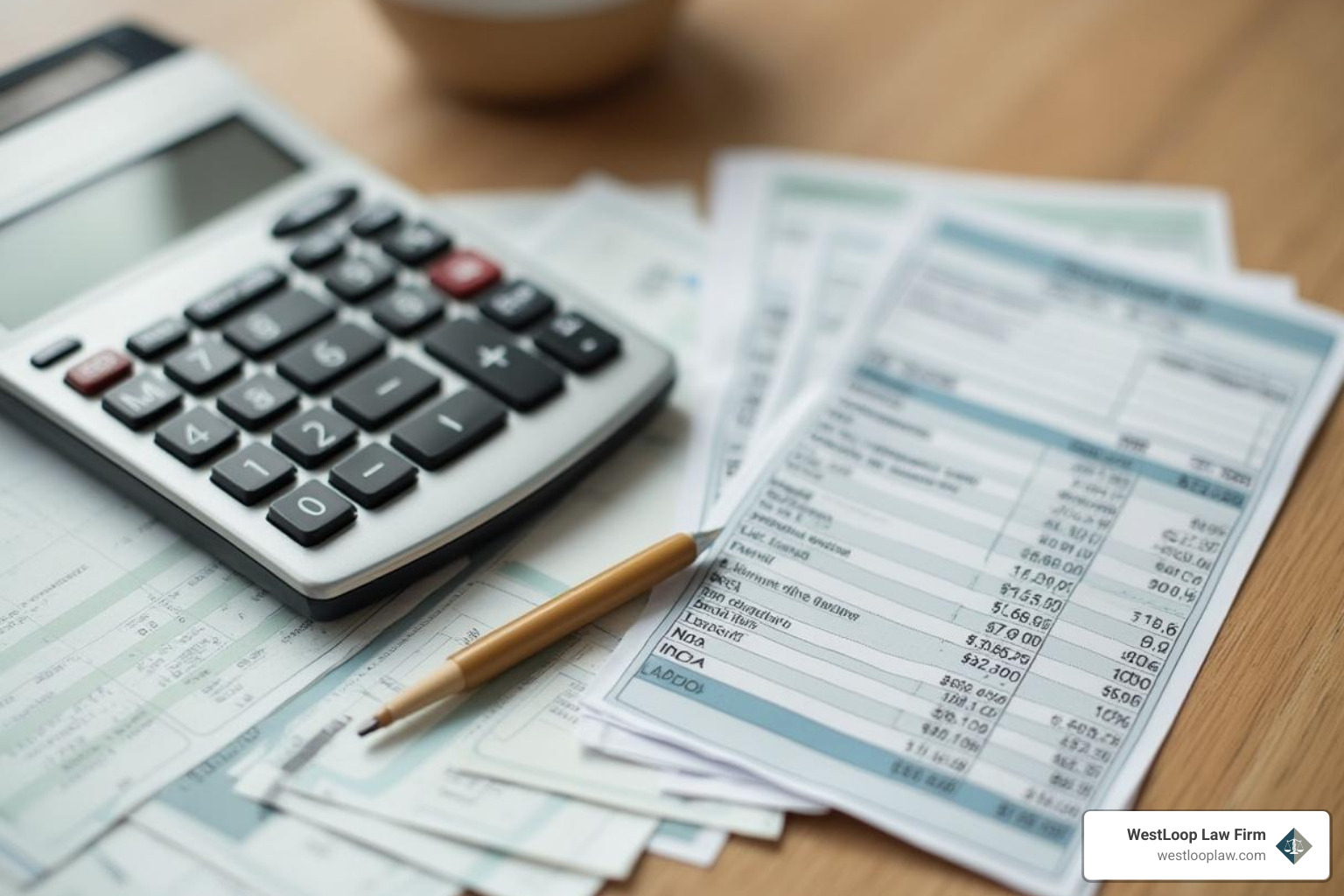 A calculator and medical bills to represent financial calculations - houston amputation injury lawyer