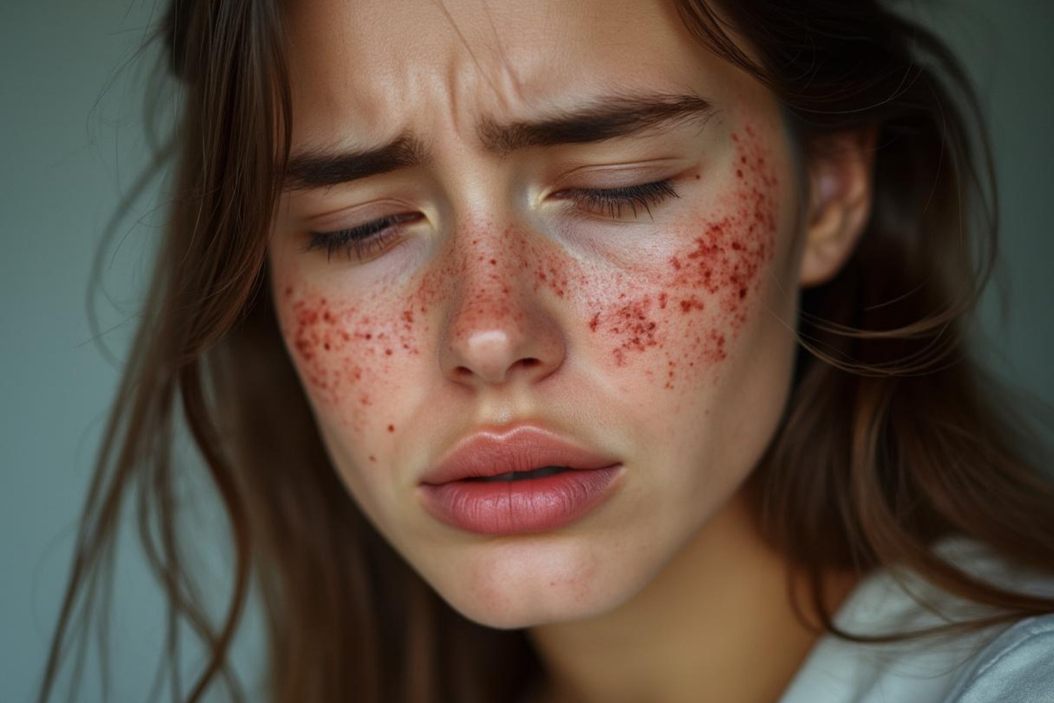 A visualization of the impact of stress hormones on skin, showing effects like breakouts, redness, and dullness spreading across the face - Meditation for glowing skin