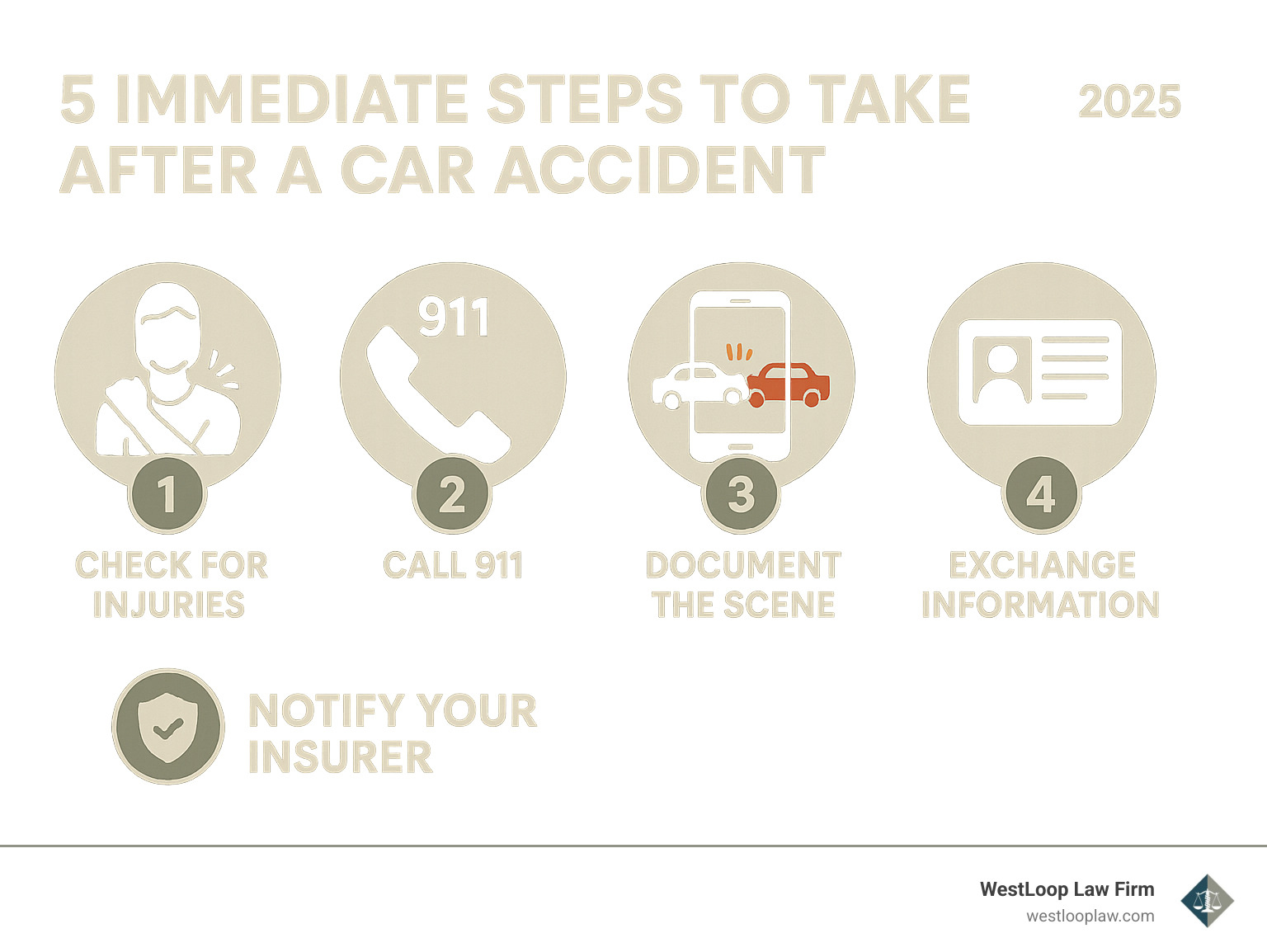 infographic explaining the 5 immediate steps to take after a car accident - Car wreck lawyer near me infographic 