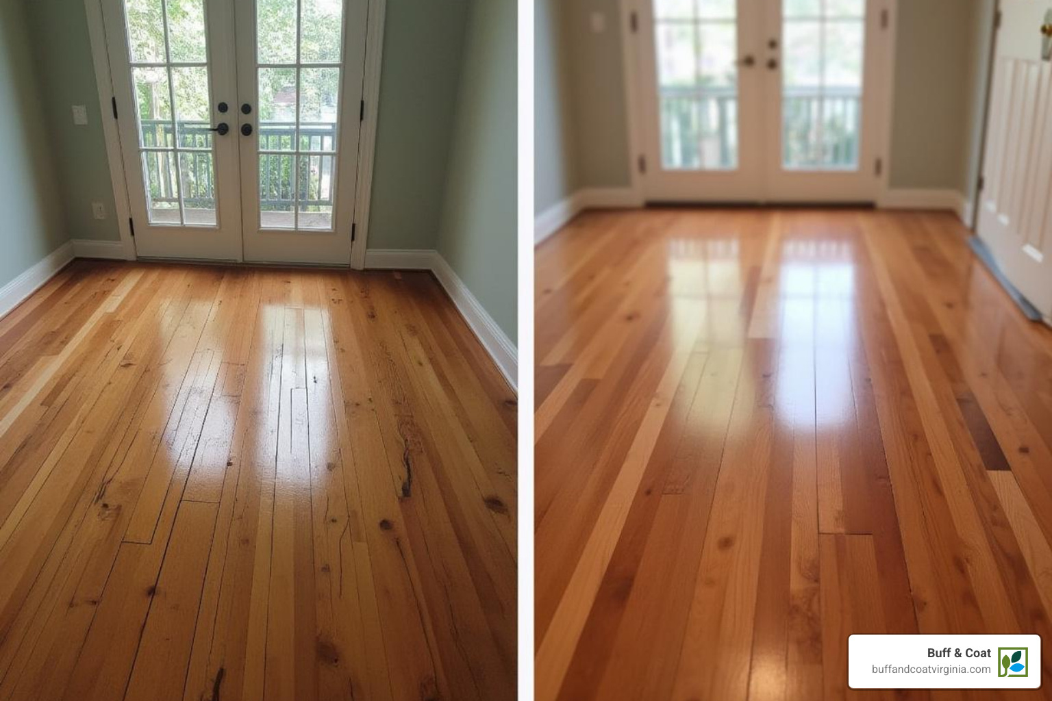 Comparison of a floor before and after a buff and coat service, showing a dull, scratched area transformed into a shiny, refreshed surface - hardwood floor restoration richmond va Comparison of a floor before and after a buff and coat service, showing a dull, scratched area transformed into a shiny, refreshed surface - hardwood floor restoration richmond va