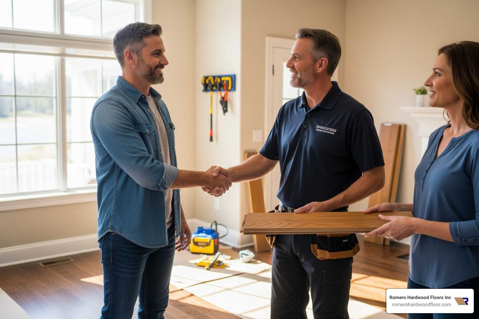 homeowner shaking hands with a friendly hardwood flooring contractor - flooring install near me