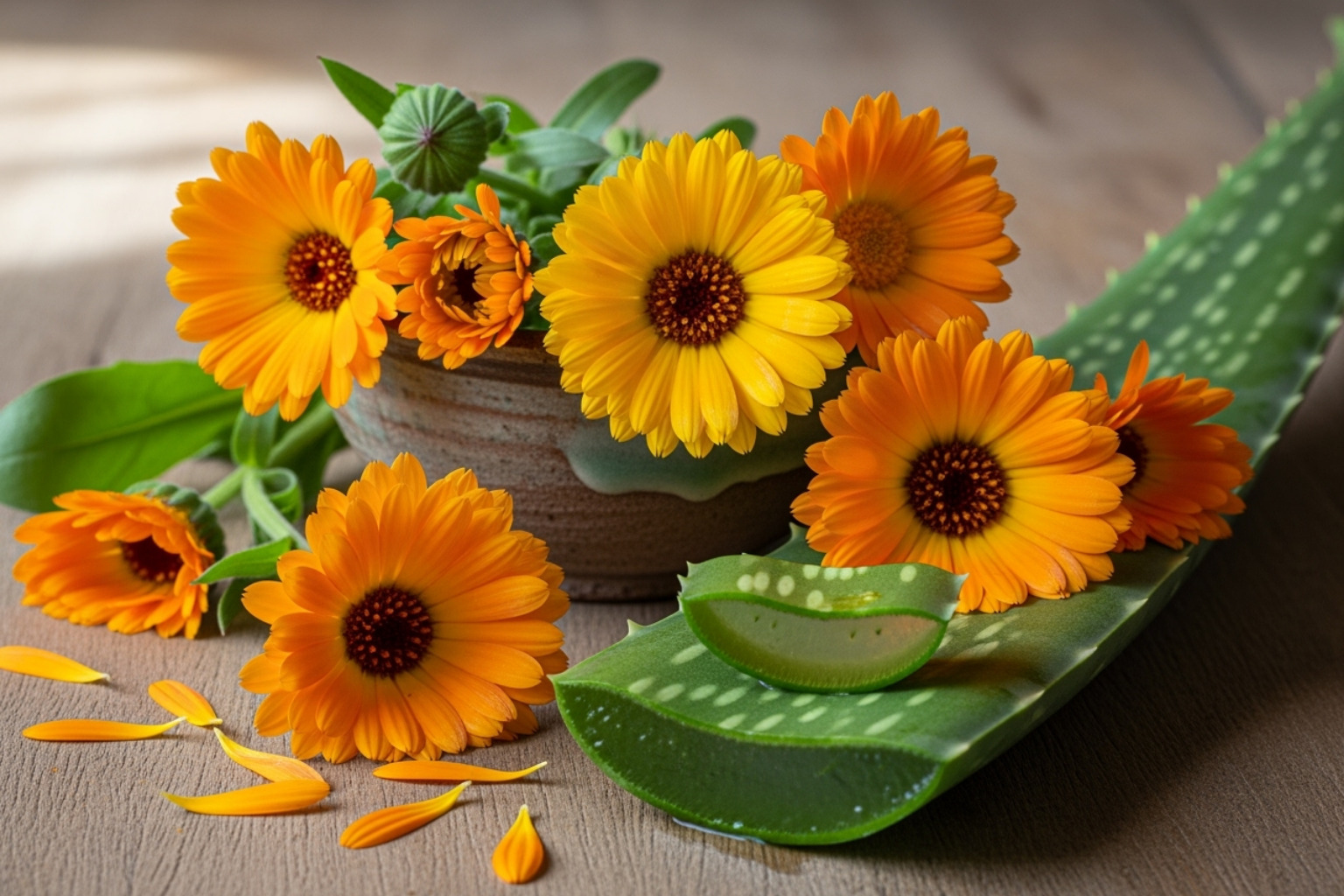 fresh Calendula flowers and an aloe vera leaf - Healing herbs for skin