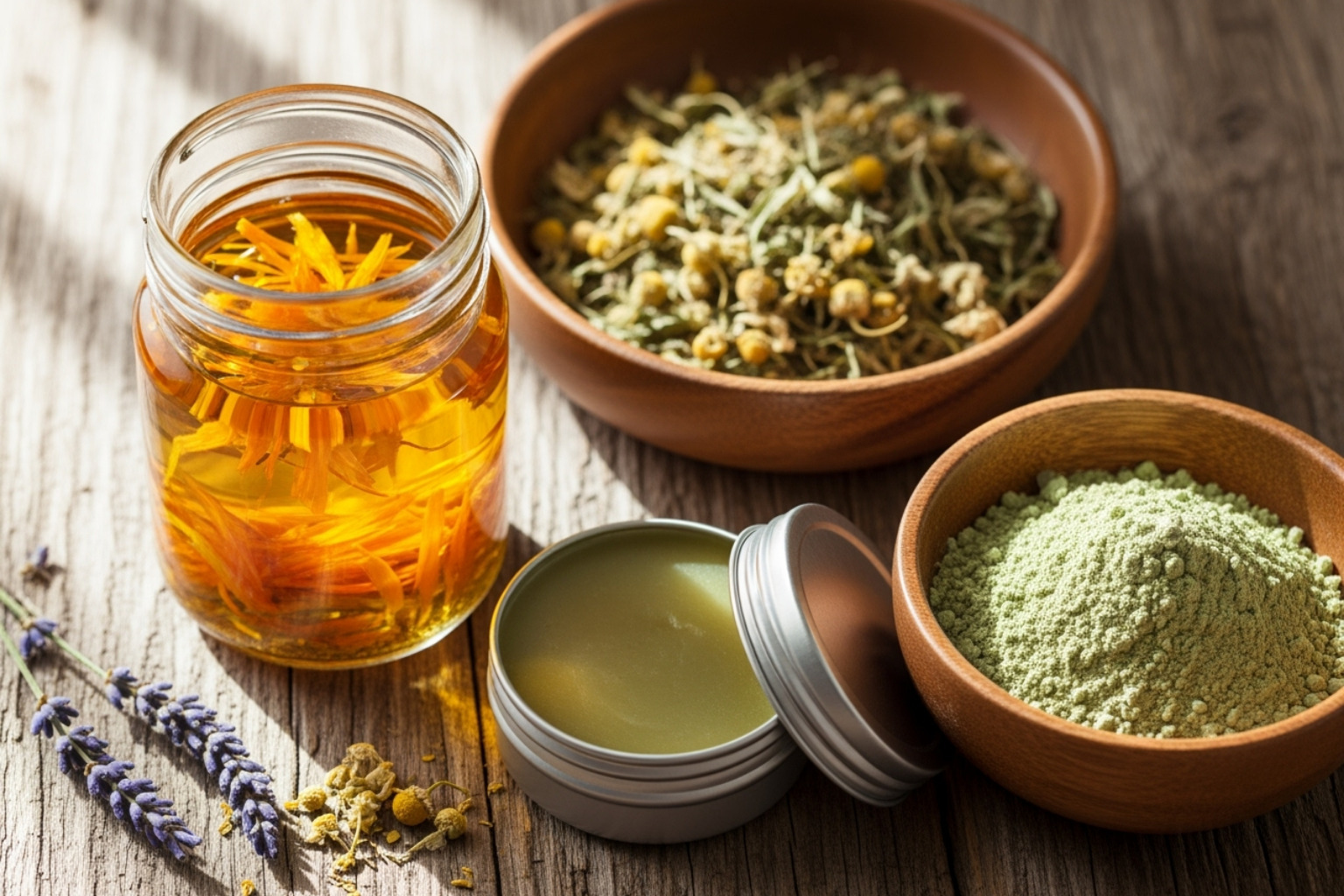 various herbal preparations like an infused oil, a salve, and a powdered mask in bowls - Healing herbs for skin