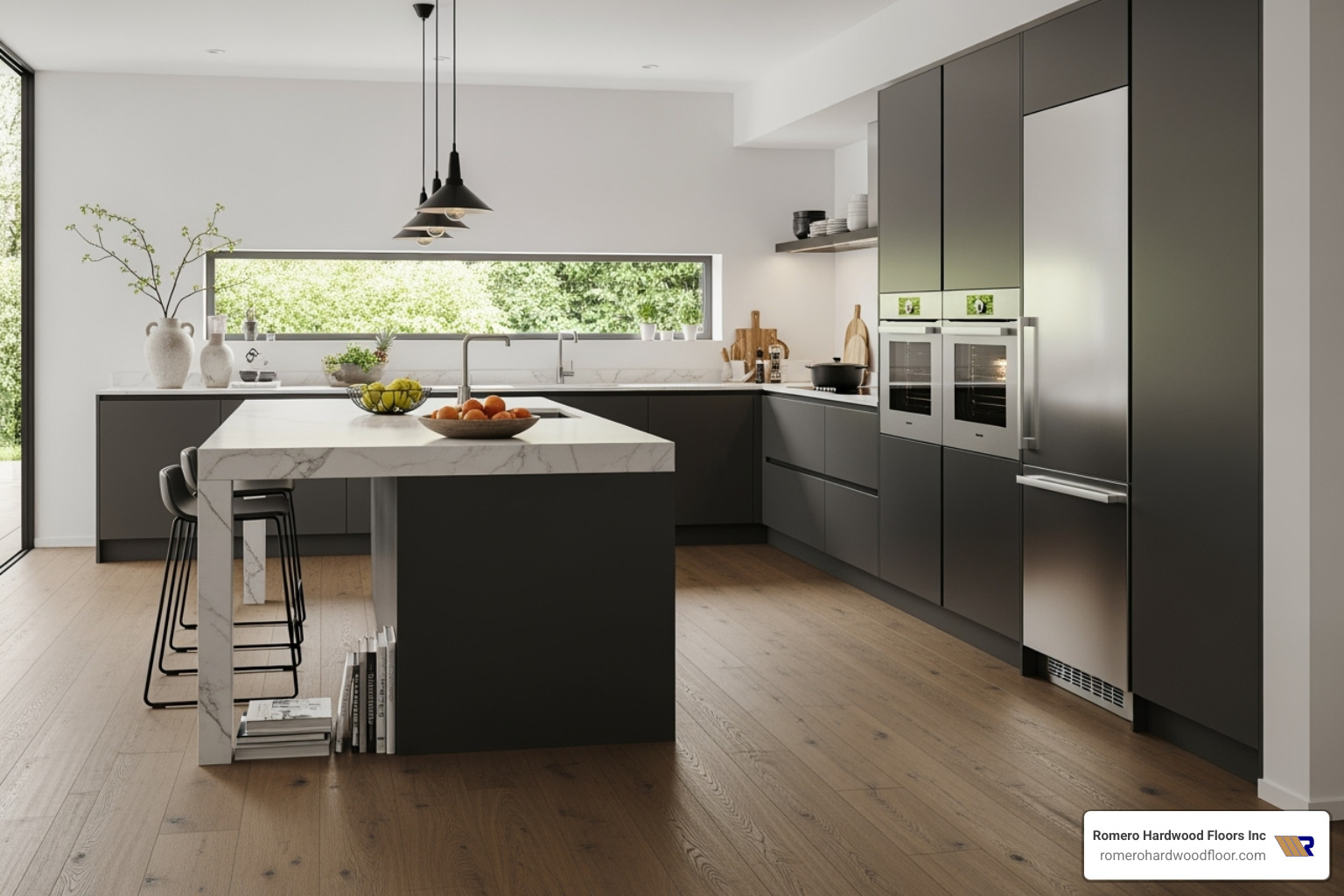 of a modern kitchen with wide-plank engineered hardwood floors. - best flooring for wood subfloor of a modern kitchen with wide-plank engineered hardwood floors. - best flooring for wood subfloor