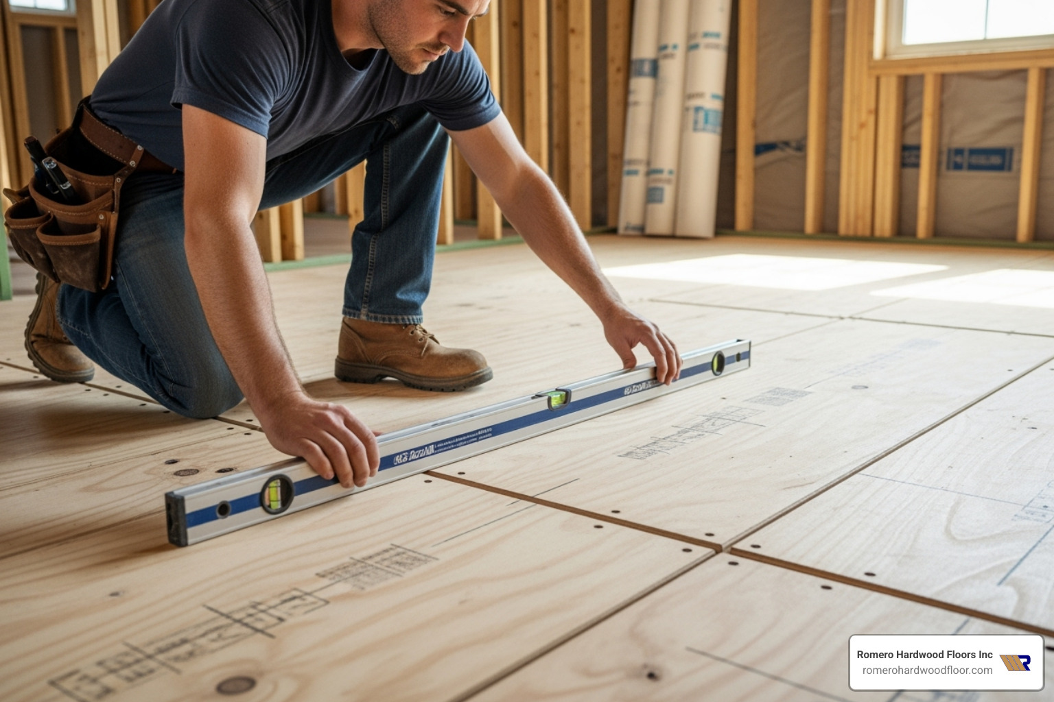of a flooring professional using a long level to check a wood subfloor for flatness; - best flooring for wood subfloor of a flooring professional using a long level to check a wood subfloor for flatness; - best flooring for wood subfloor