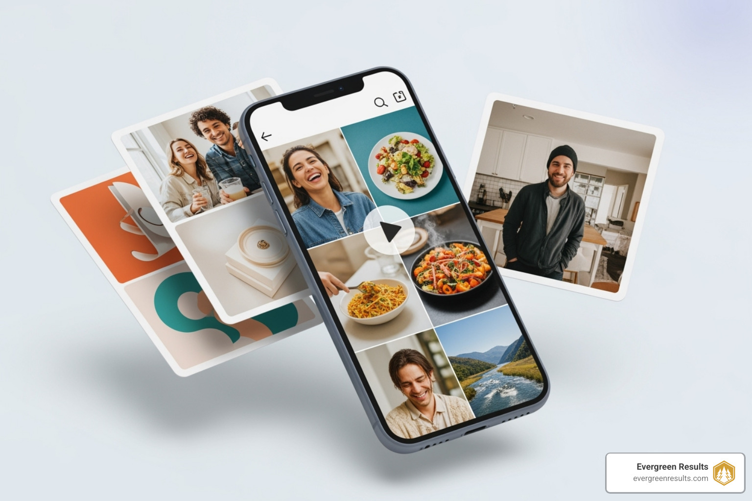 Different types of engaging social media content like a Reel, a carousel post, and a user-generated content feature - Optimize content for social media