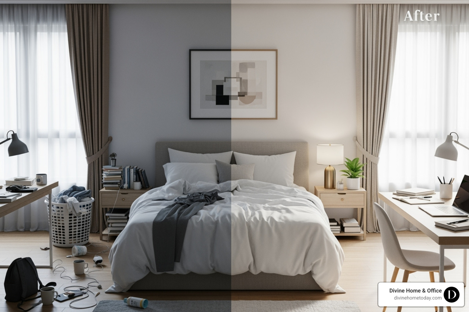 A split image showing a cluttered 'before' room transitioning to a serene 'after' room - residential interior design