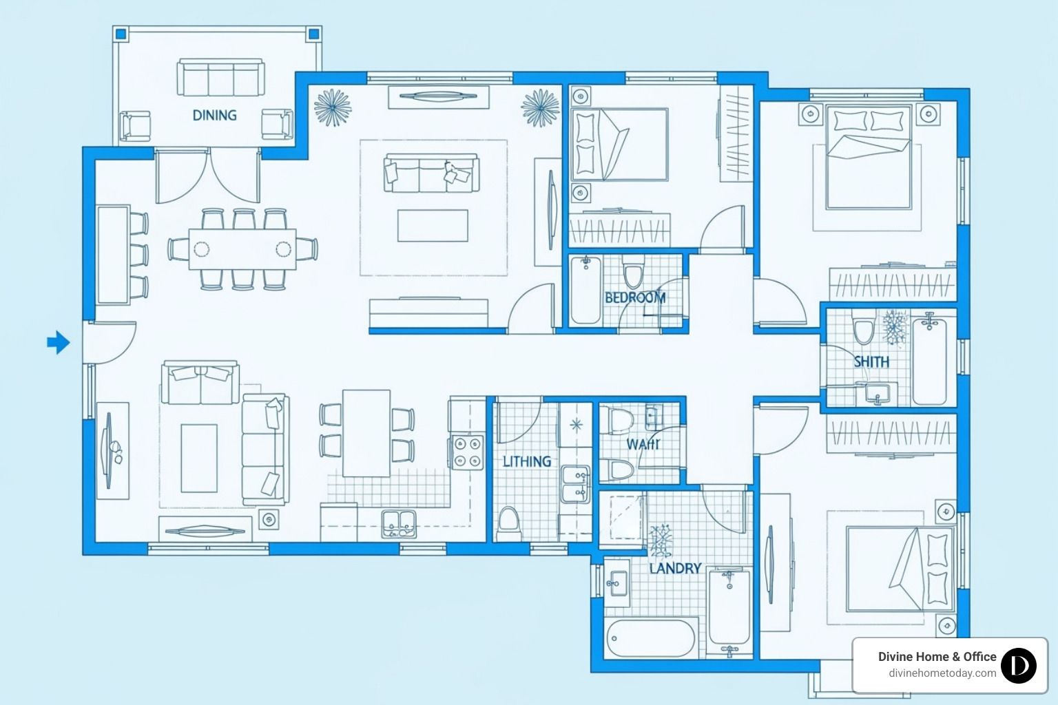 A detailed architectural floor plan with furniture layout, showing thoughtful space planning - residential interior design