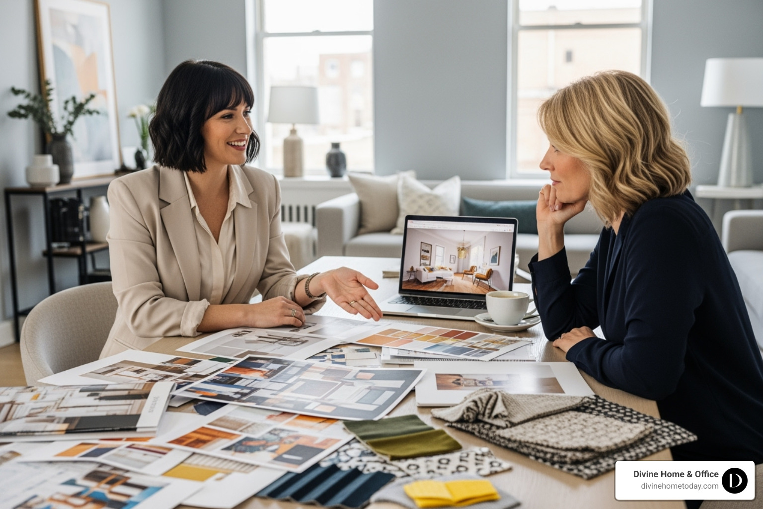 A designer presenting mood boards and fabric samples to a client, showcasing collaboration - residential interior design