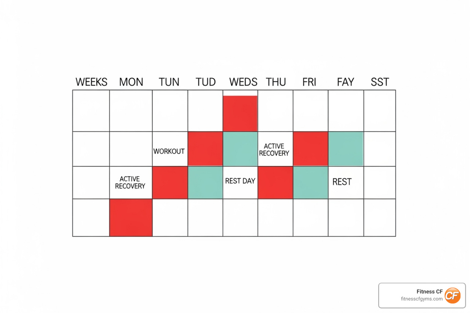 Sample weekly training calendar showing workout days and active recovery days - active recovery for athletes Sample weekly training calendar showing workout days and active recovery days - active recovery for athletes