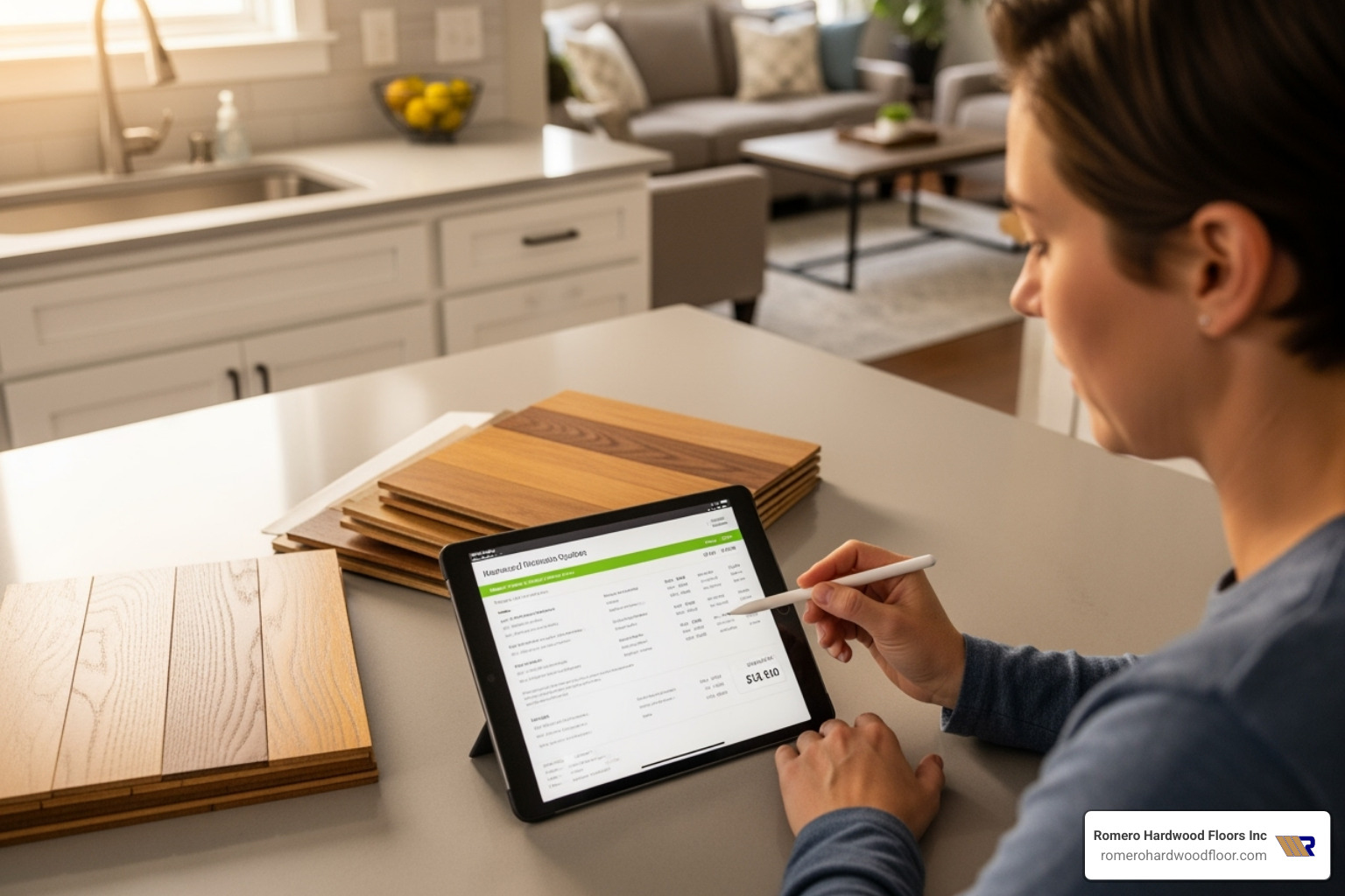 person reviewing a hardwood flooring installation quote on a tablet - flooring install near me