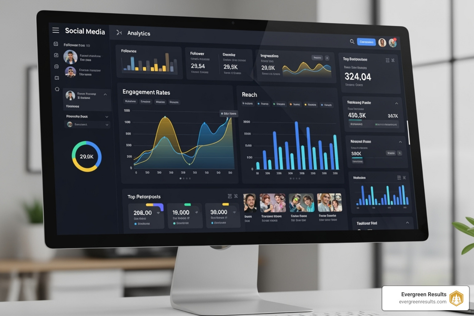 A social media analytics dashboard showing key metrics like engagement rate and reach - Optimize content for social media