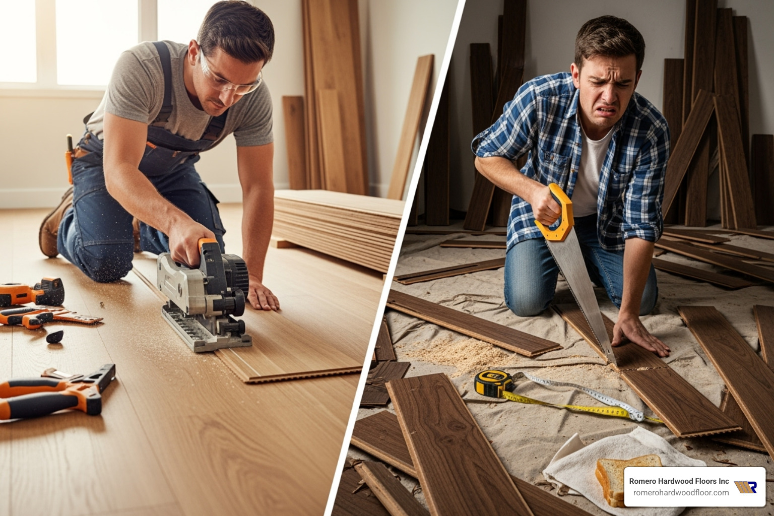 professional installer precisely cutting a hardwood floorboard versus a frustrated person with a DIY project - flooring install near me