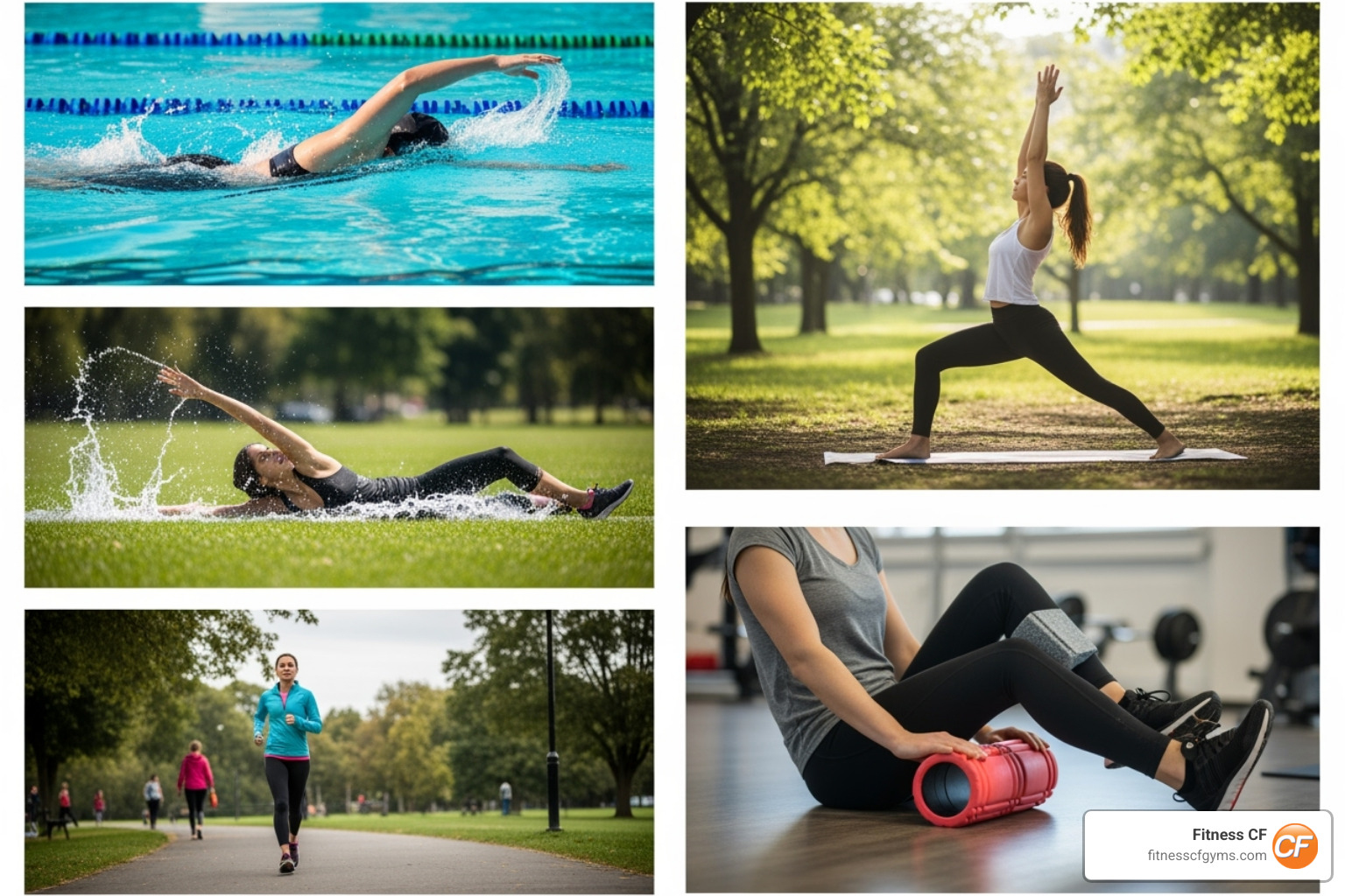 Collage of different active recovery activities including swimming, yoga, walking, and foam rolling - active recovery for athletes Collage of different active recovery activities including swimming, yoga, walking, and foam rolling - active recovery for athletes