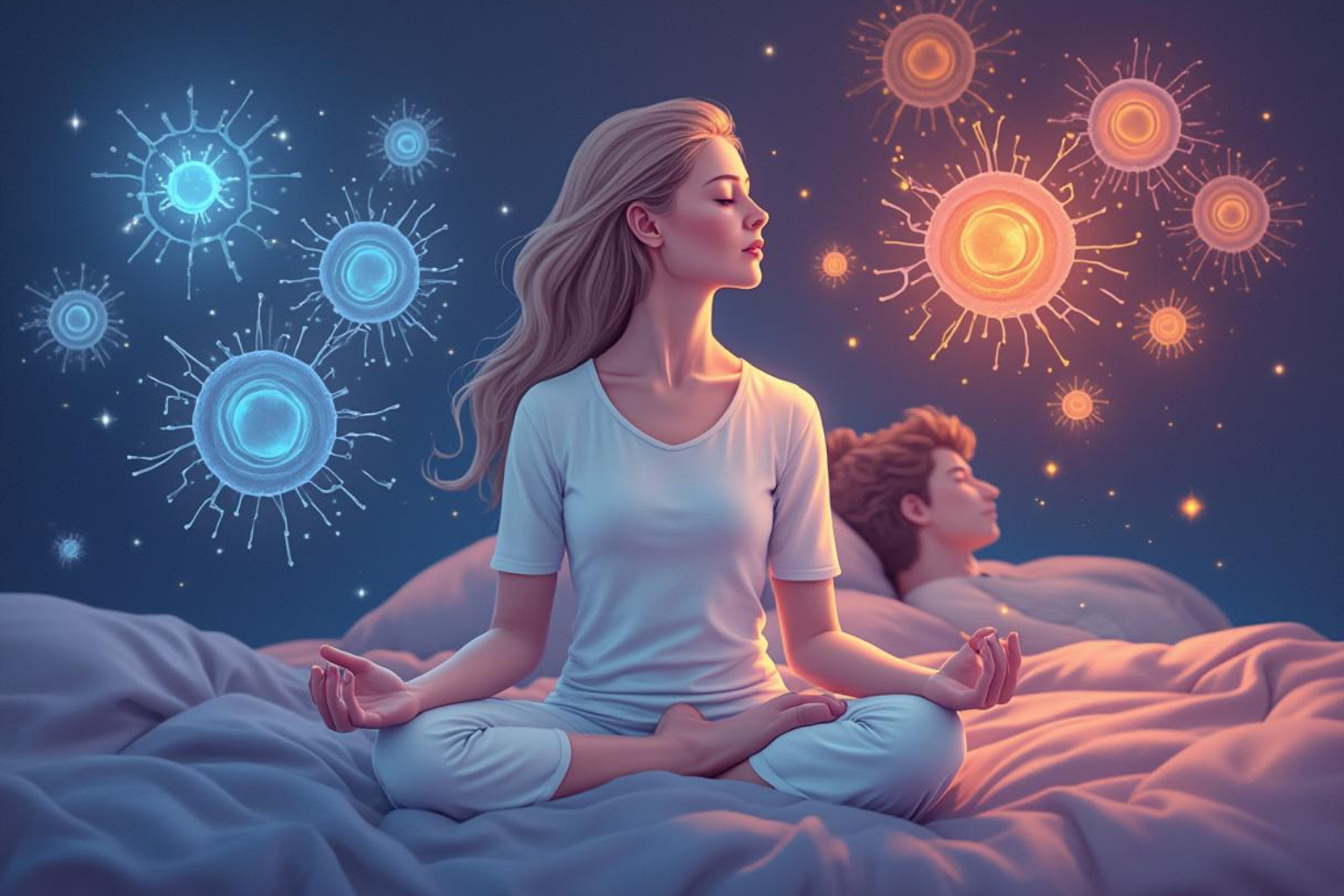 A diagram showing how sleep and meditation support cell regeneration, illustrating pathways from relaxation to cellular repair and anti-aging benefits - Meditation for glowing skin