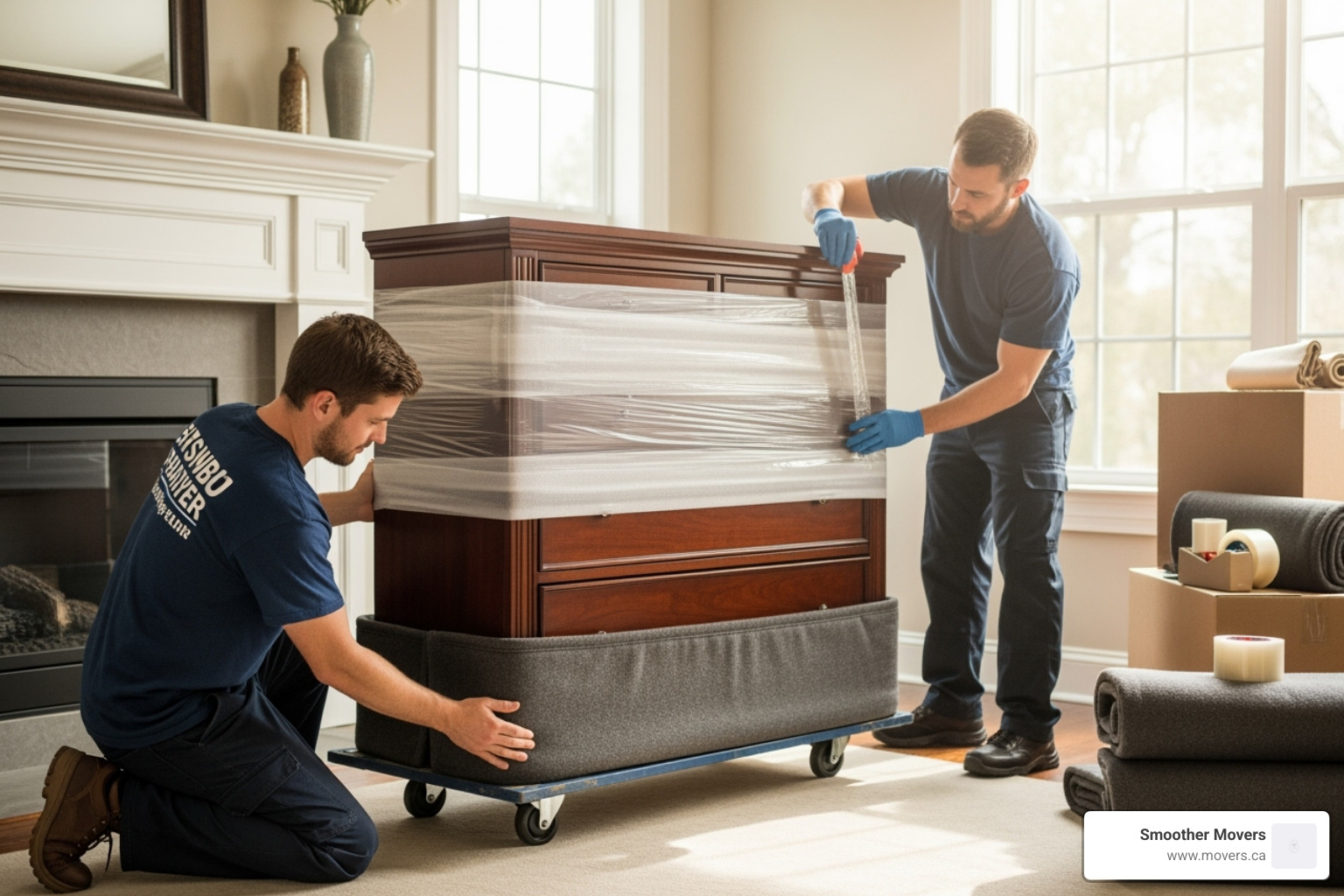 movers carefully wrapping a large piece of furniture - kelowna moving help