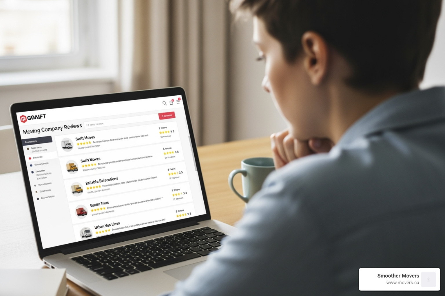 person on a laptop looking at moving company reviews - kelowna moving help