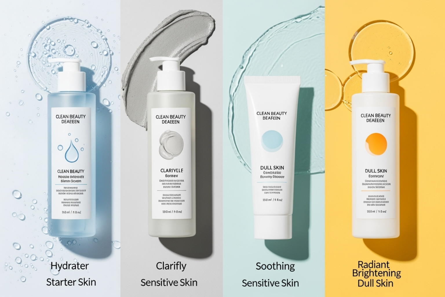 Four different unbranded starter kits side-by-side, each styled to represent a different skin concern (e.g., one with water droplets for hydration, one with a clay texture for clarifying). - clean beauty starter kit