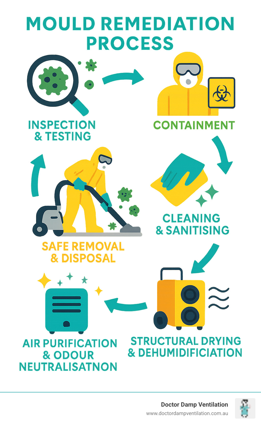Mould remediation process infographic showing steps from inspection and testing to containment, safe removal and disposal, cleaning and sanitising, structural drying and dehumidification, air purification and odour neutralisation, and final clearance and prevention - mould remediation sydney infographic Mould remediation process infographic showing steps from inspection and testing to containment, safe removal and disposal, cleaning and sanitising, structural drying and dehumidification, air purification and odour neutralisation, and final clearance and prevention - mould remediation sydney infographic