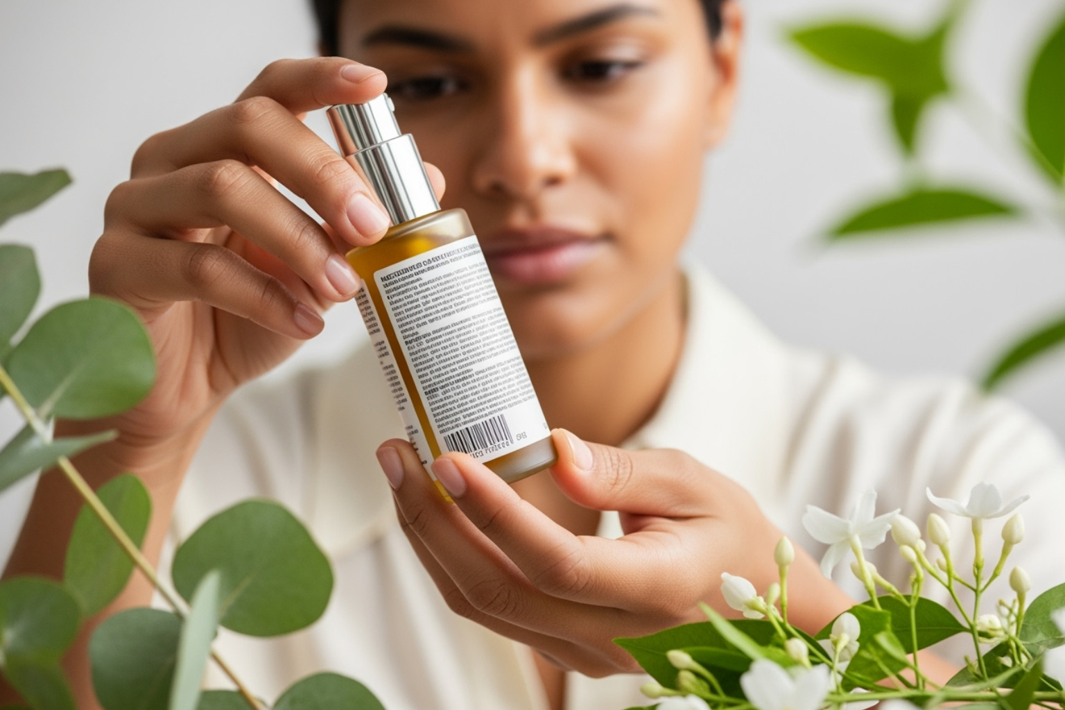 Reading the ingredient label on a skincare product with fresh botanicals in the background. - Environmentally friendly beauty tips