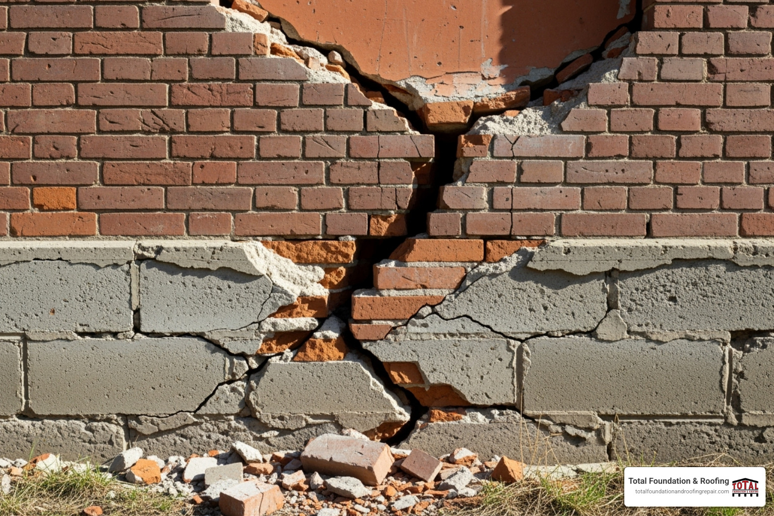 significant crack in a brick wall originating from the foundation - foundation services