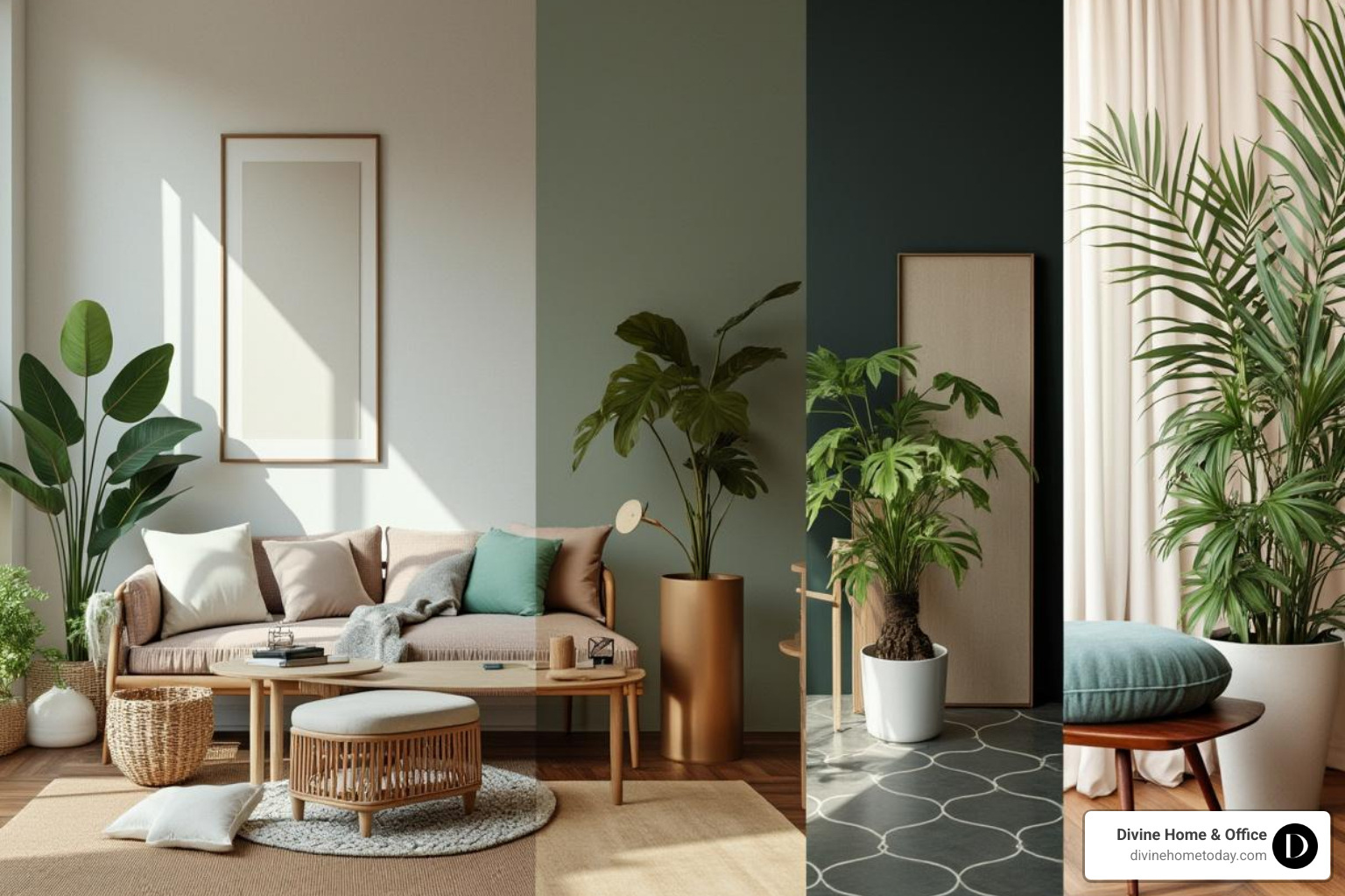 A collage showcasing minimalist, traditional, and biophilic design styles - residential interior design