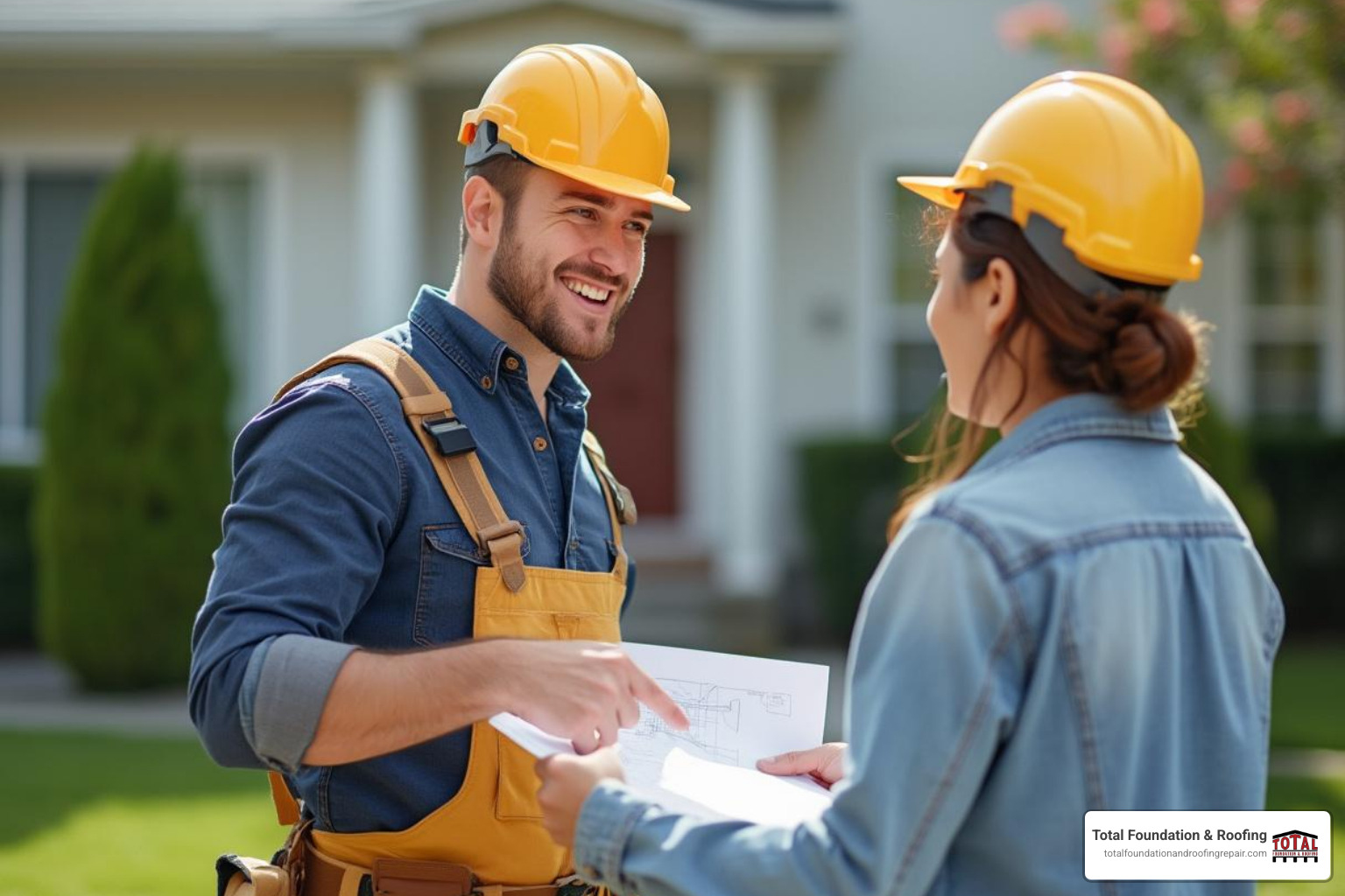friendly contractor discussing a plan with a homeowner - foundation services