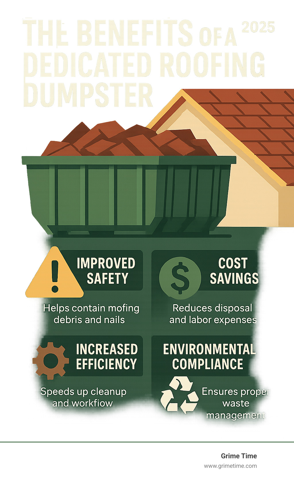 Infographic explaining the benefits of a dedicated roofing dumpster: Improved Safety, Cost Savings, Increased Efficiency, and Environmental Compliance. - Dumpster rental for roofing infographic 