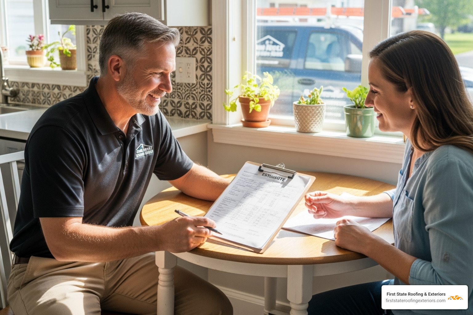 Friendly contractor providing a written estimate to a homeowner - lewes roofing contractor